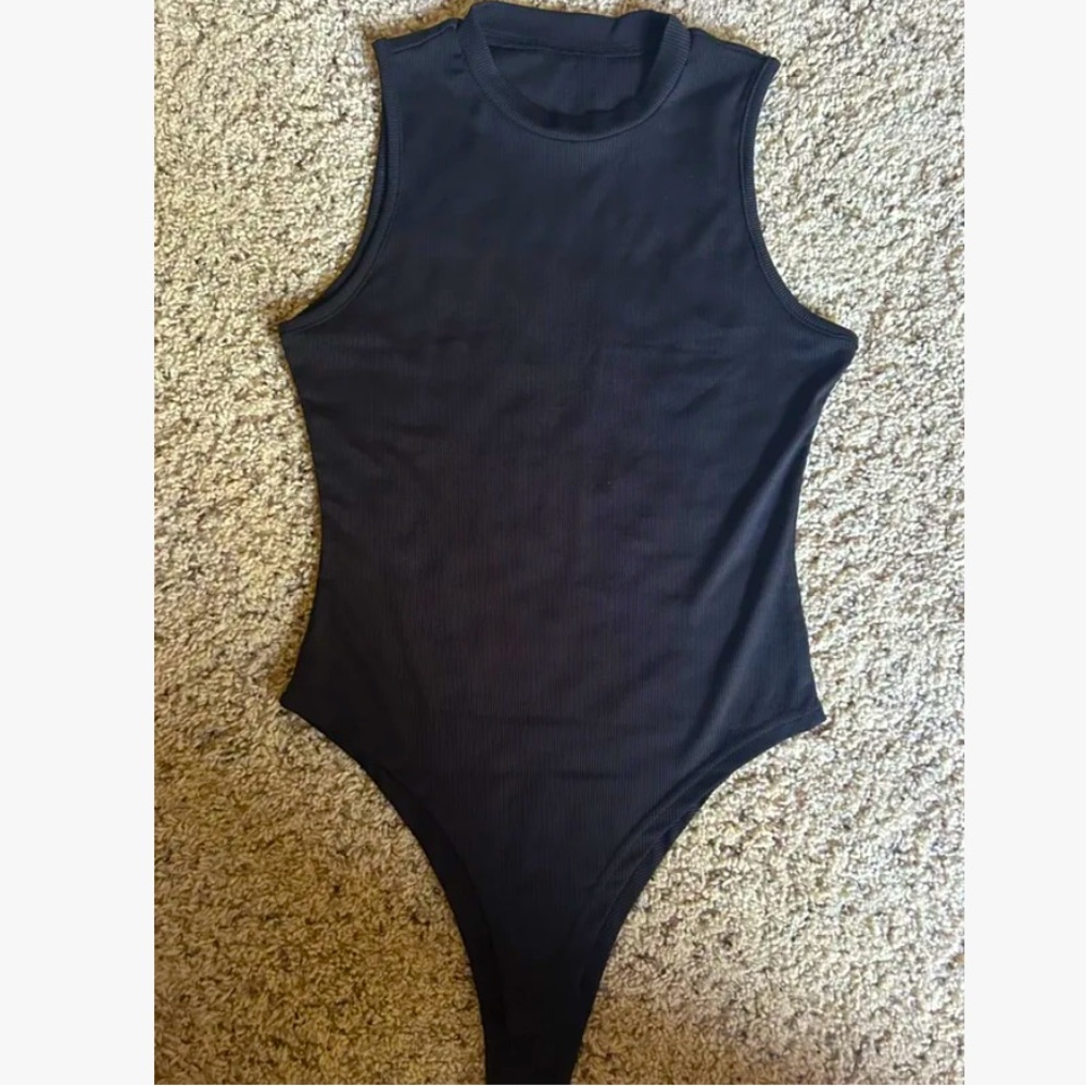 Black Ribbed High Neck Sleeveless Bodysuit